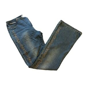 Younique  Blue Denim Y2K Embroidered Cutouts‎ Wide Leg Mid Rise Jeans 9